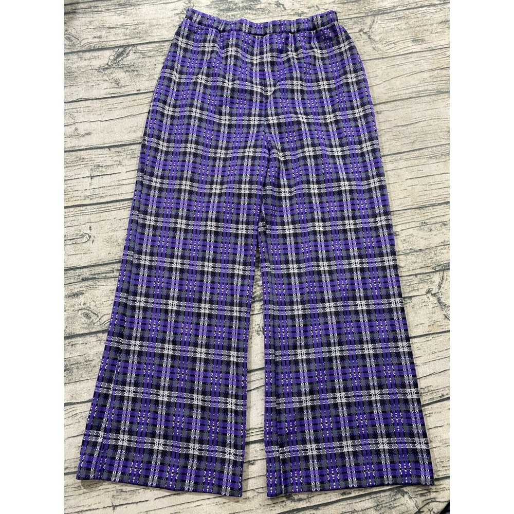 Pykettes 70s Elastic Waist (msrd 26x25) Purple Tartan Plaid Wide Leg Bell Flare‎